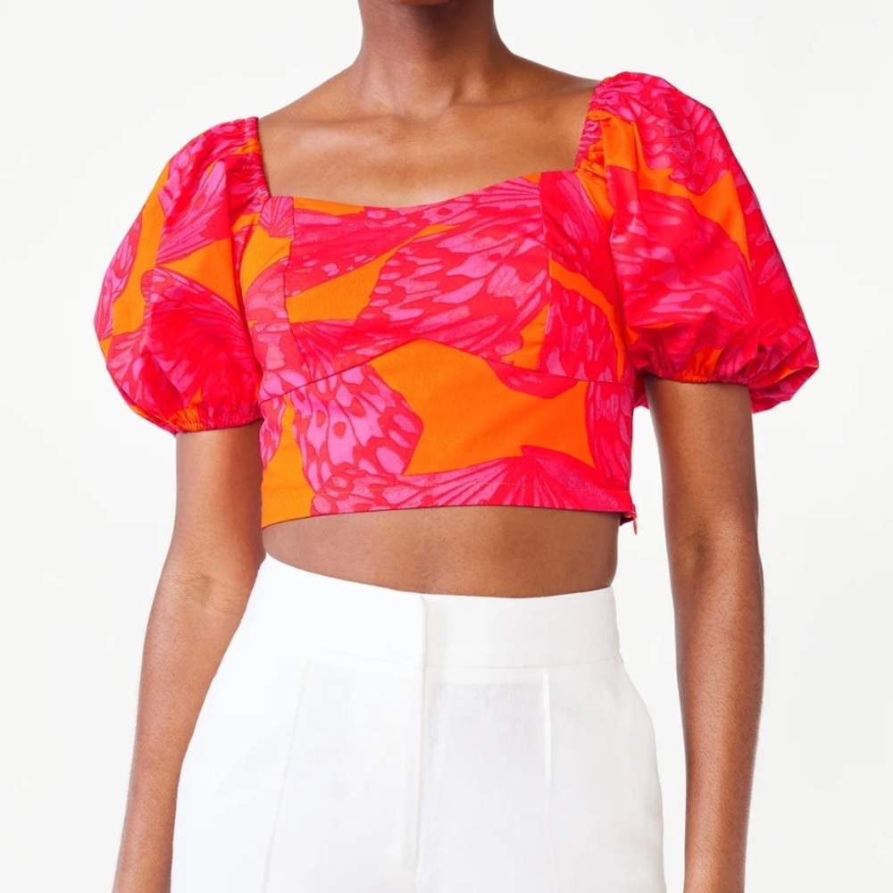 Floral Puff-Sleeve Crop Top in Hot Pink & Orange